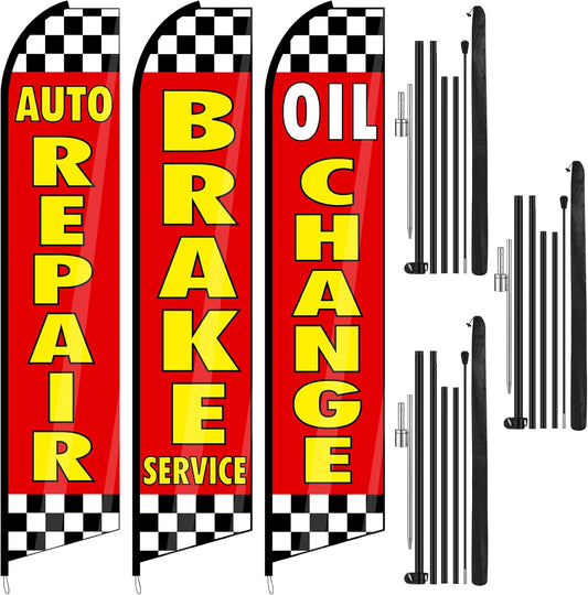 3 Pack Auto Repair Feather Flag -12 ft Advertising Flags for Business with Pole Kit Automotive Service Brake Oil Change Banner Feather Signs Set for Auto Repair Shop Supplies