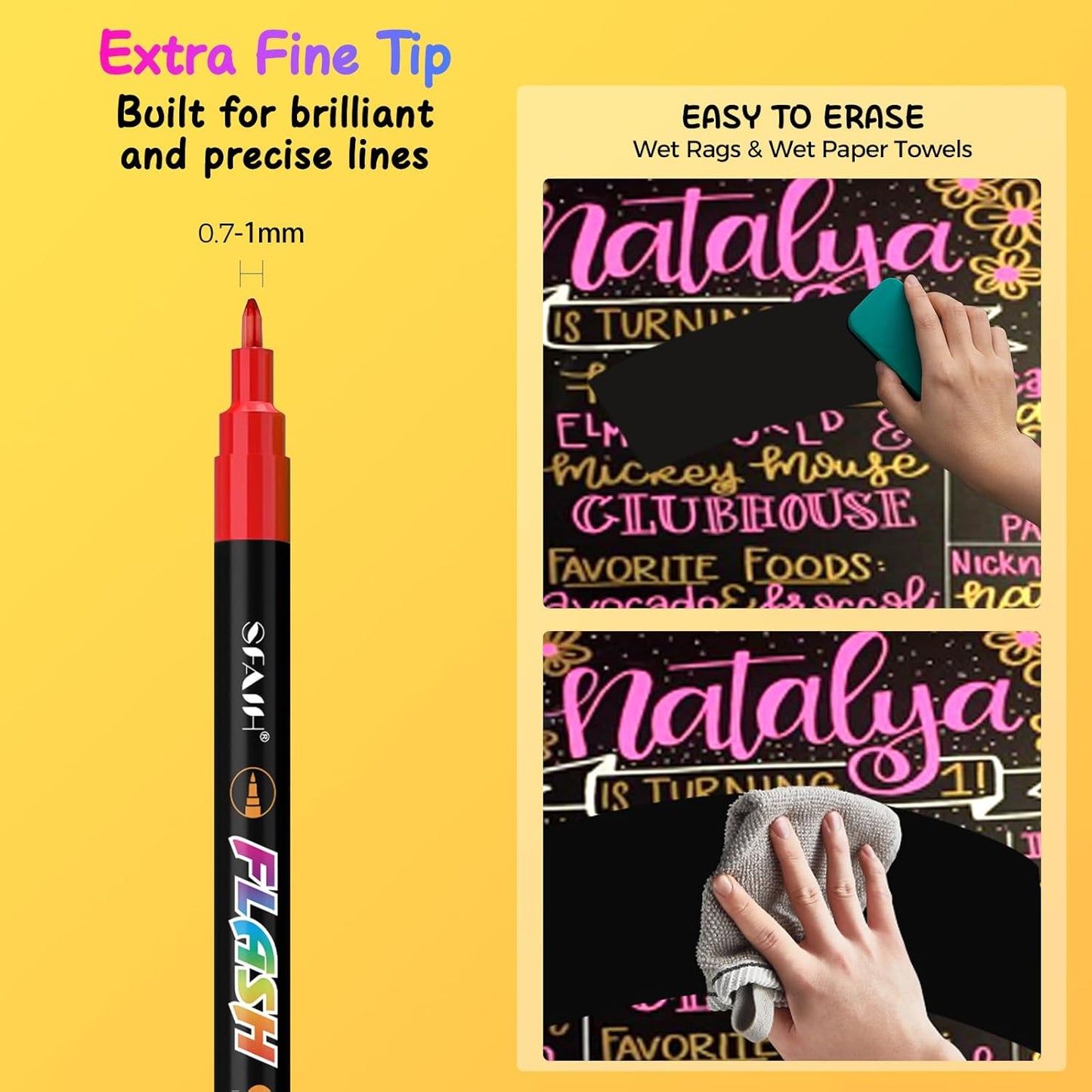 SFAIH Liquid Chalk Markers - 24 Colors 0.7-1mm Fine Tip, Non-Toxic Chalk Pens for Chalkboard Calendar, Acrylic, Glass, Menus, Labels, Signs, Wet Wipe, Zero Dust, Ideal for Home, Business or Bistro