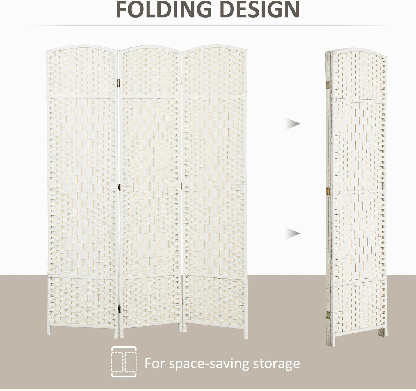 HOMCOM 3 Panel Room Divider, 6' Tall Folding Privacy Screen, Hand-Woven Freestanding Wall Partition for Home Office, Bedroom, White