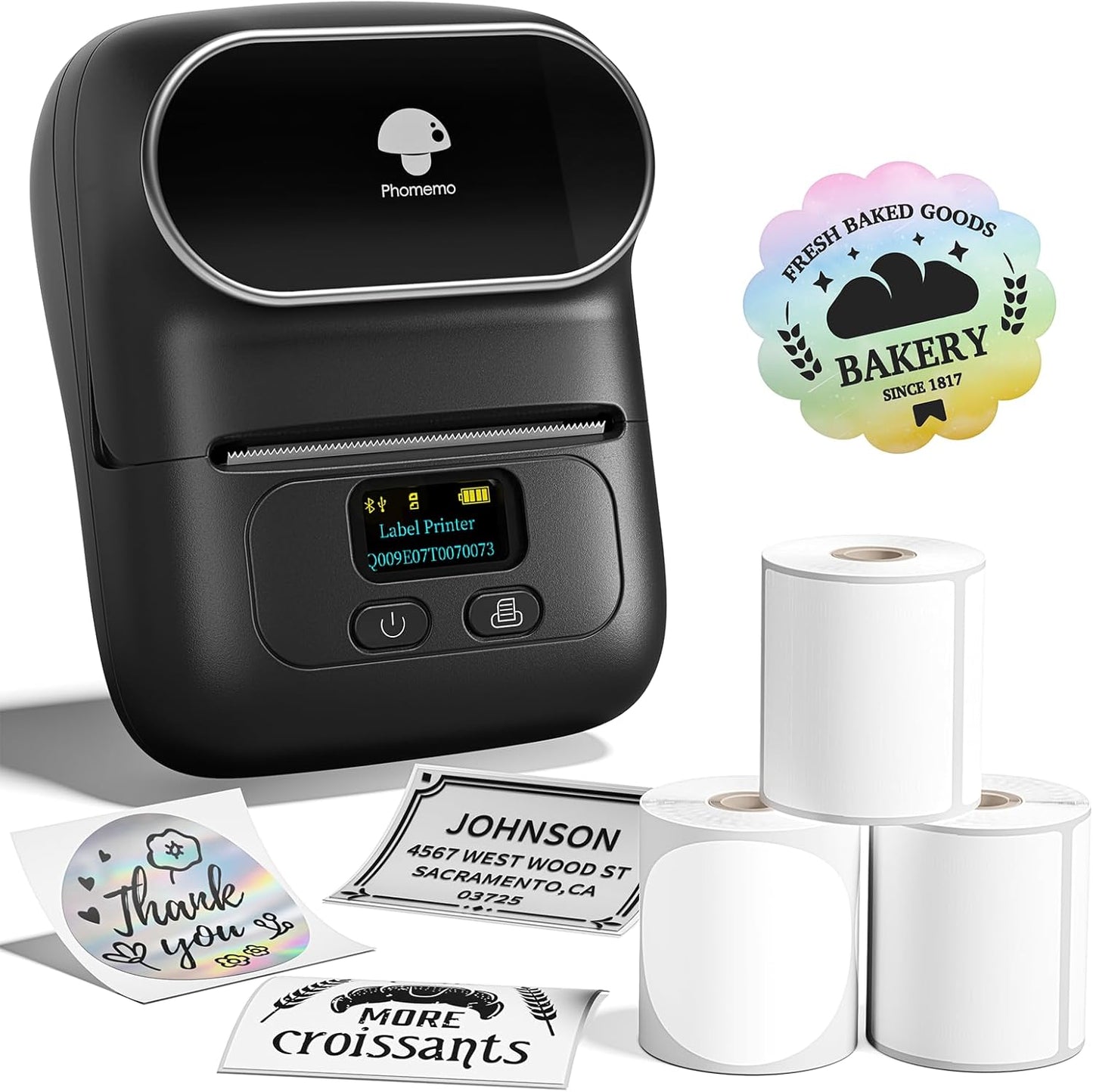 Phomemo M110 Label Printer - Bluetooth No Ink Printer with 3 Tapes, Mini Portable Barcode Label Printer for Retail, Address, Barcode, Home, for PC/Mac, iOS/Android, Ebony Black