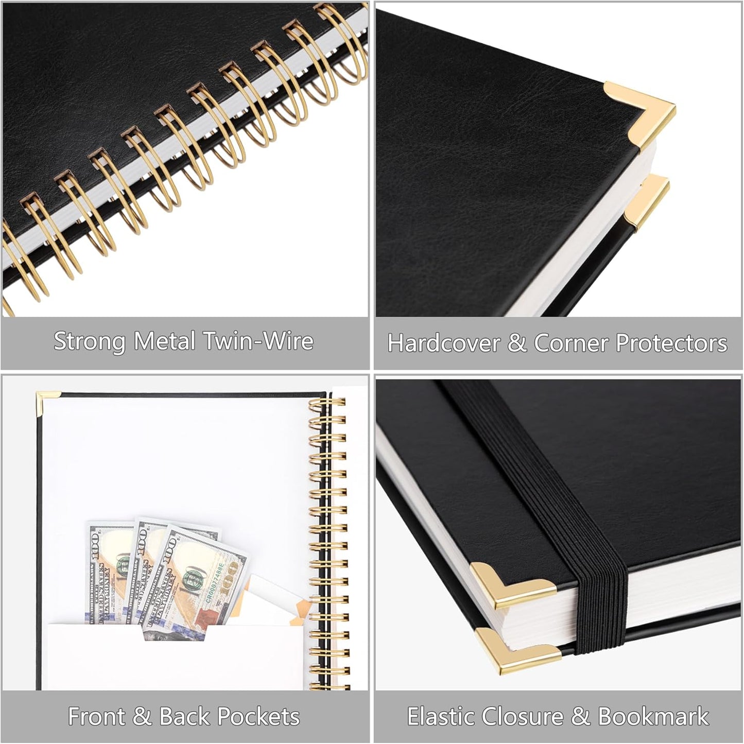 HAUTOCO Spiral Notebook College Ruled B5 Leather Bound Journal, 320 Pages, Hardcover Notebooks with tabs, 100 GSM Paper, 7"x 9.7" Lined Journaling Notebooks for Work Office School Business, Black