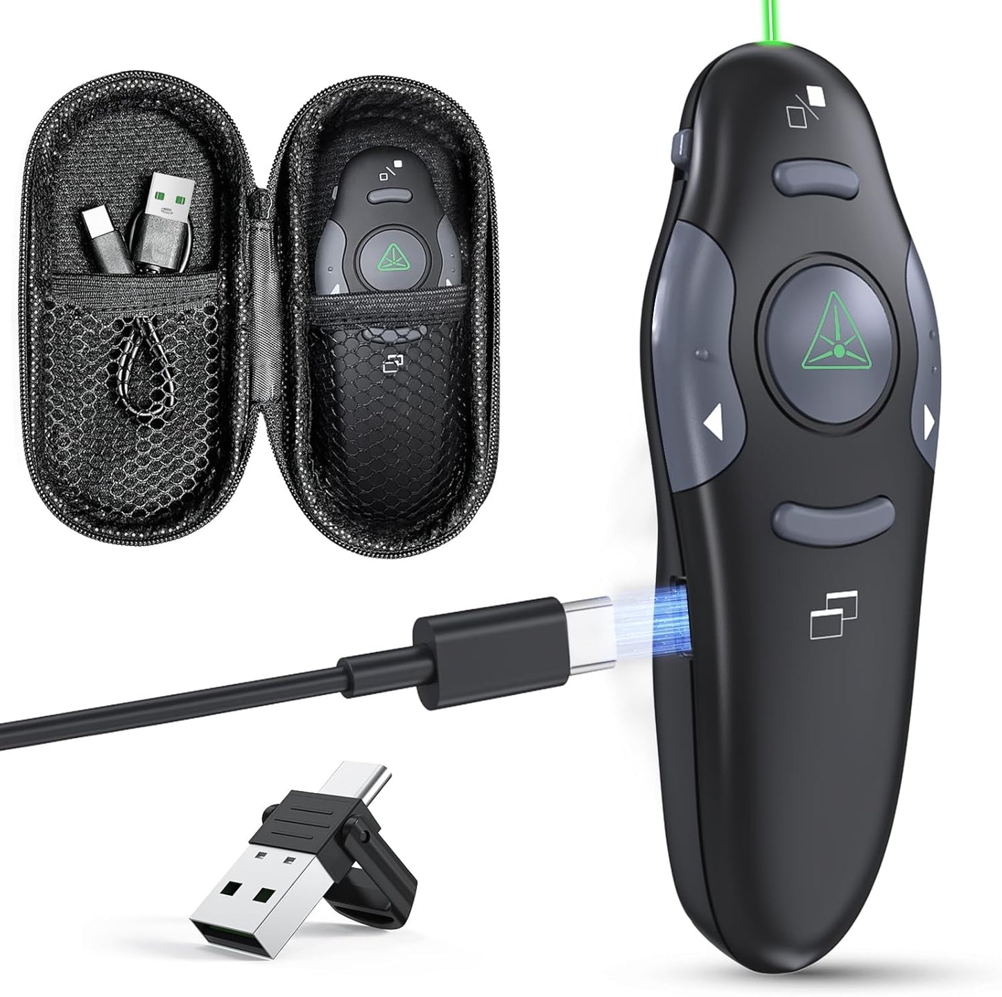 Presentation Clicker with Case Storage Wireless Presenter Remote USB Type C Rechargeable Green Laser Pointer PowerPoint Clickers for Computer Mac Project PPT Slideshow Google Slide Advancer