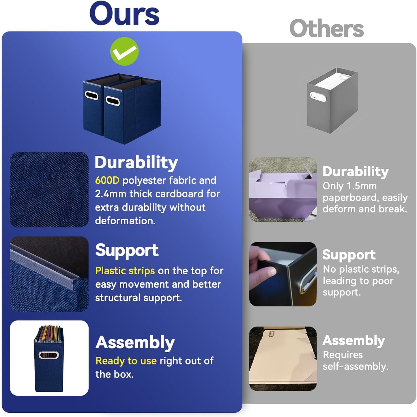 4 Packs Letter Size File Organizer, File Folders Organizer, Fabric Storage Box, Collapsible Paper Organizer with Metal Handle, Smooth PVC Rails, Only Box (Blue)