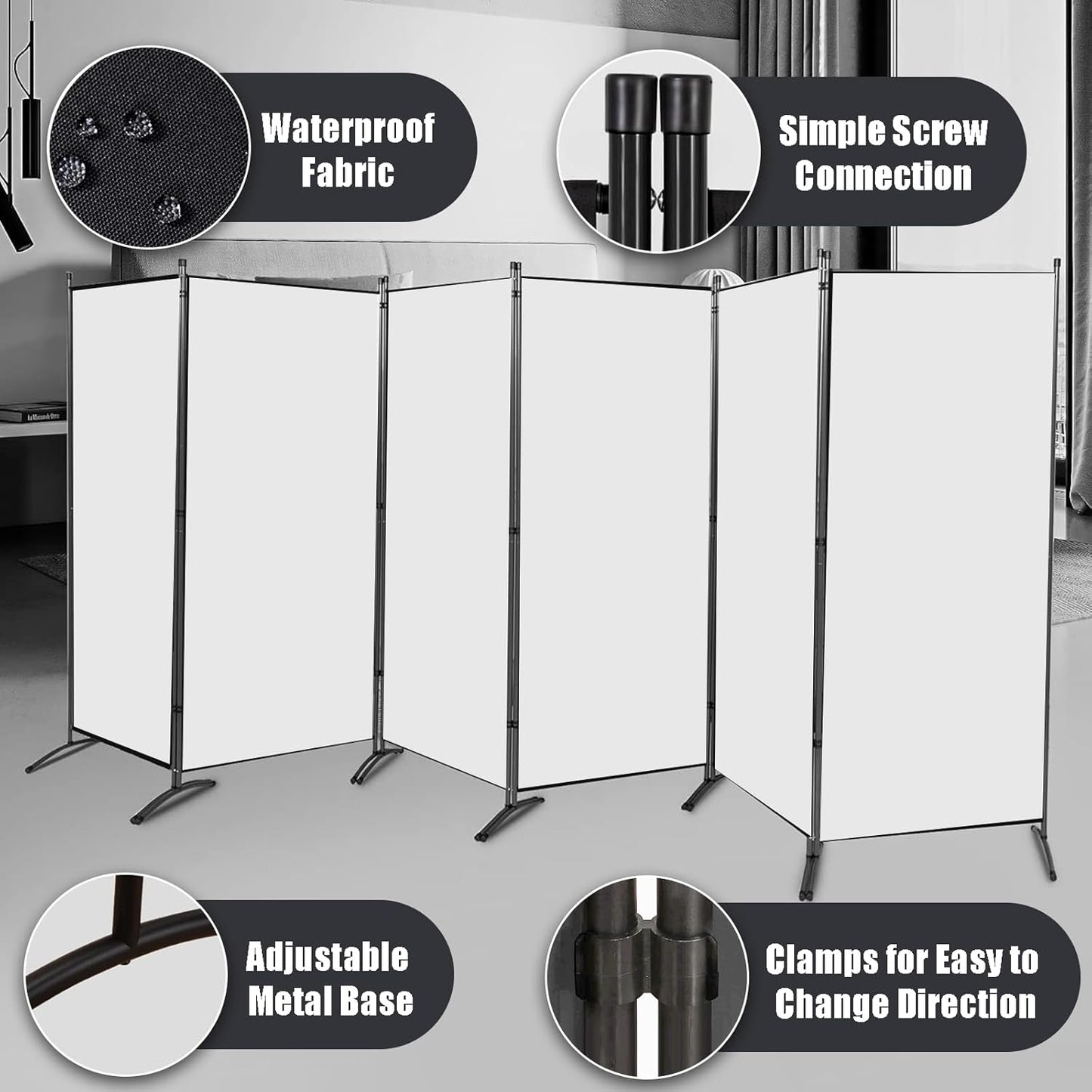 Room Divider-6 Panels White Folding Privacy Screens, 6 ft Partition Room Dividers Wall for Separation, Home, Office, Classroom, Studio