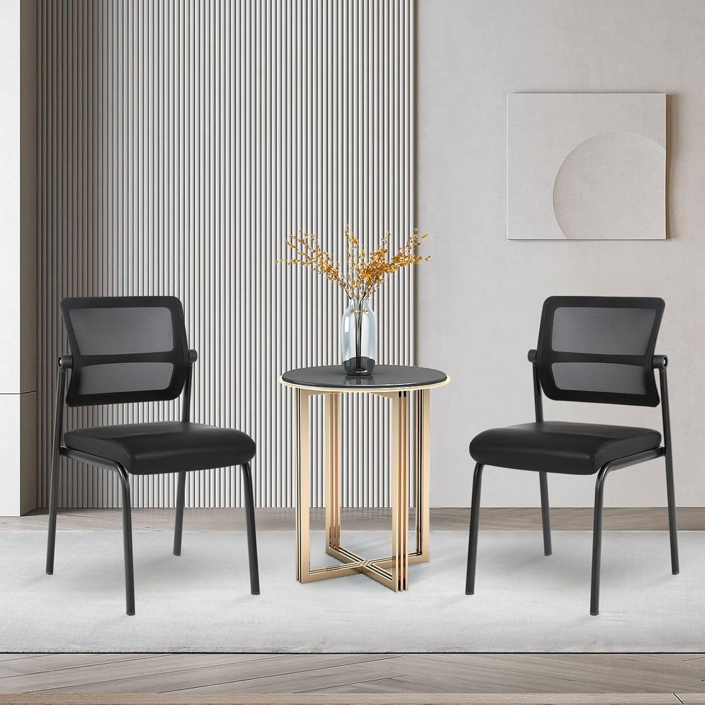 CLATINA Stackable Waiting Room Chair with Adjustable Mesh Backrest, Armless Office Guest Reception Chairs with Leather Cushion and Ergonomic Lumbar Support for Conference Lobby Side School, Black, 2PK