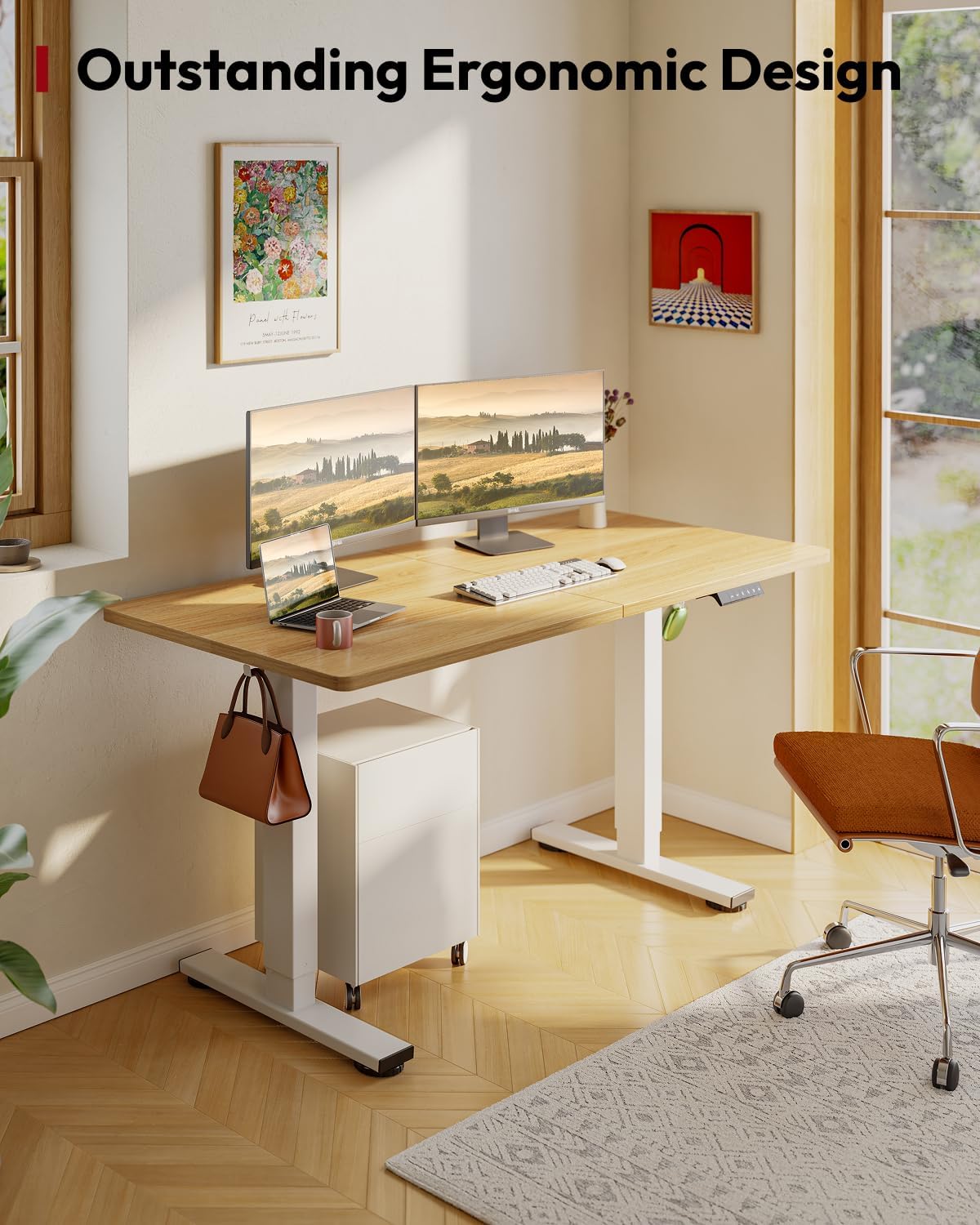 SANODESK Standing Desk Height Adjustable Electric Stand up Desk 55x24 Inches Sit Stand Home Office Desk with Splice Board, White Frame/Maple Top