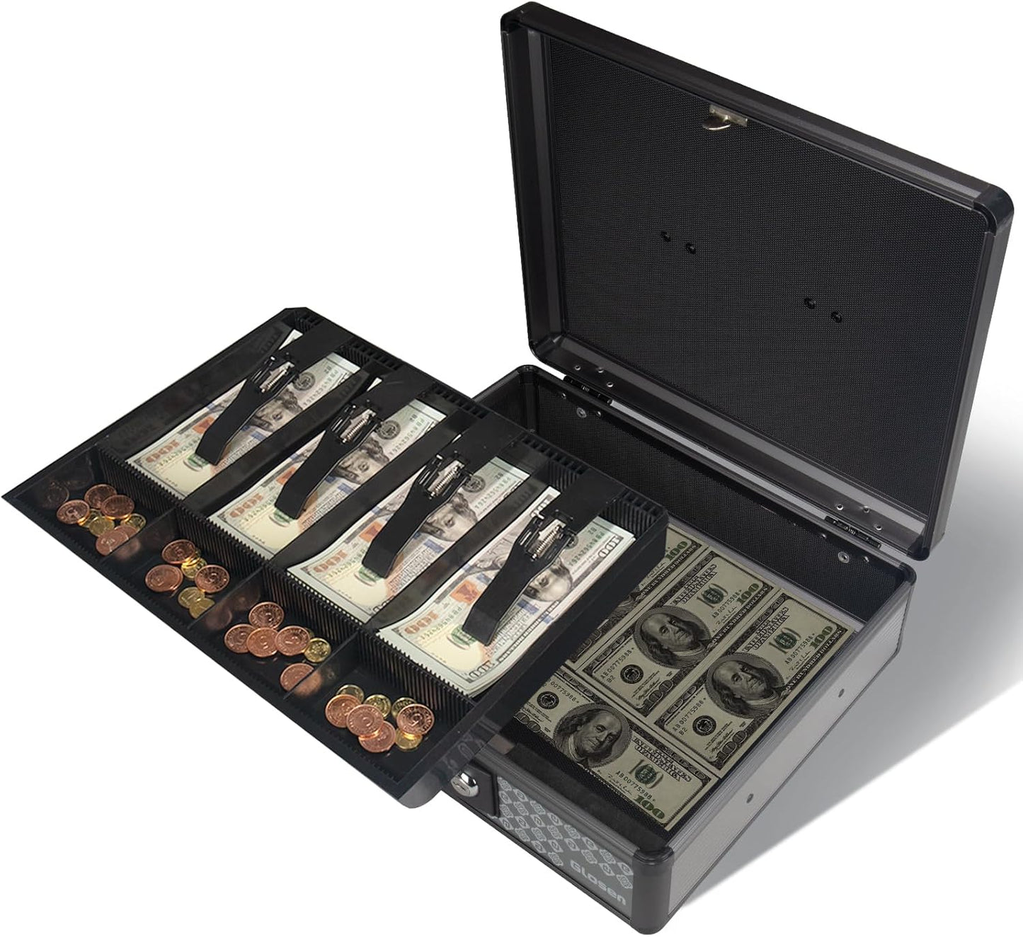 Cash Box with Lock, Money Box with Lock & Removable Coin Tray 11.4 * 5.3 * 13.5 inch (Black, Extra Large)