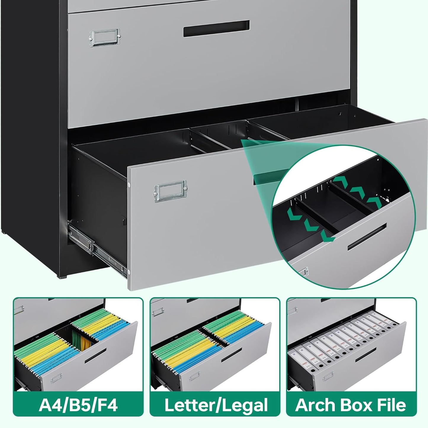 Letaya File Cabinet with Lock-Lateral 3 Drawer Metal Filing Cabinets-Organization Storage for Home Office-Hanging Letter/Legal/F4/A4 Size (Grey Black)