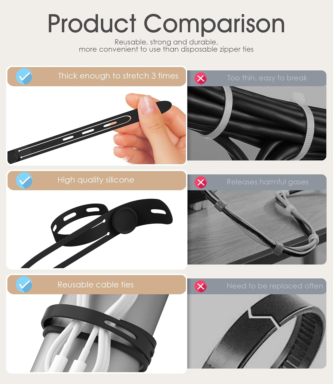 Nearockle Latest Double-Sided Silicone Cable Ties, 12Pcs Reusable Cord Organizer for Bundling Phone Charger and USB Cable, Multifunctional Organizer for Travel Home (White&Black)