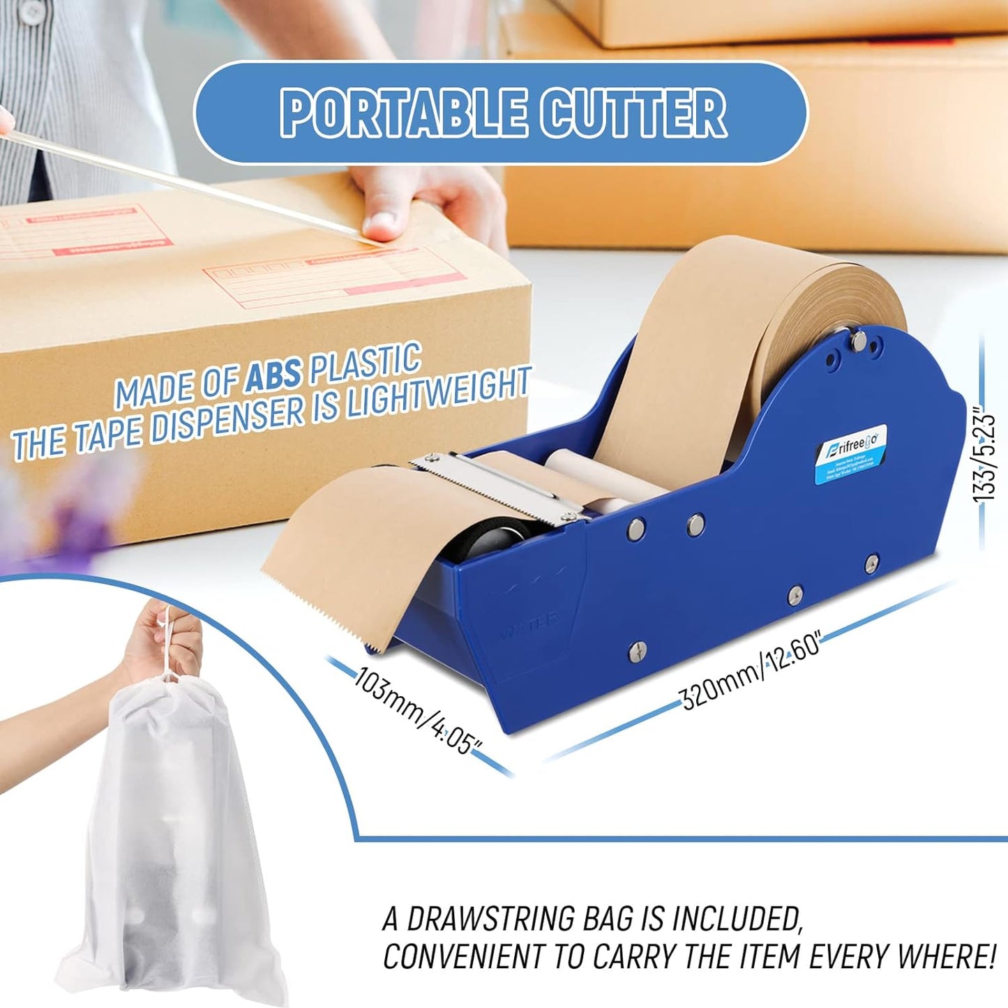 Water-Activated Tape Dispenser, Manual Kraft Gum Tape Dispenser, Width Adjustable 1.18-3.15", Light Weight & Portable Packing Tape Dispenser Set, Blue