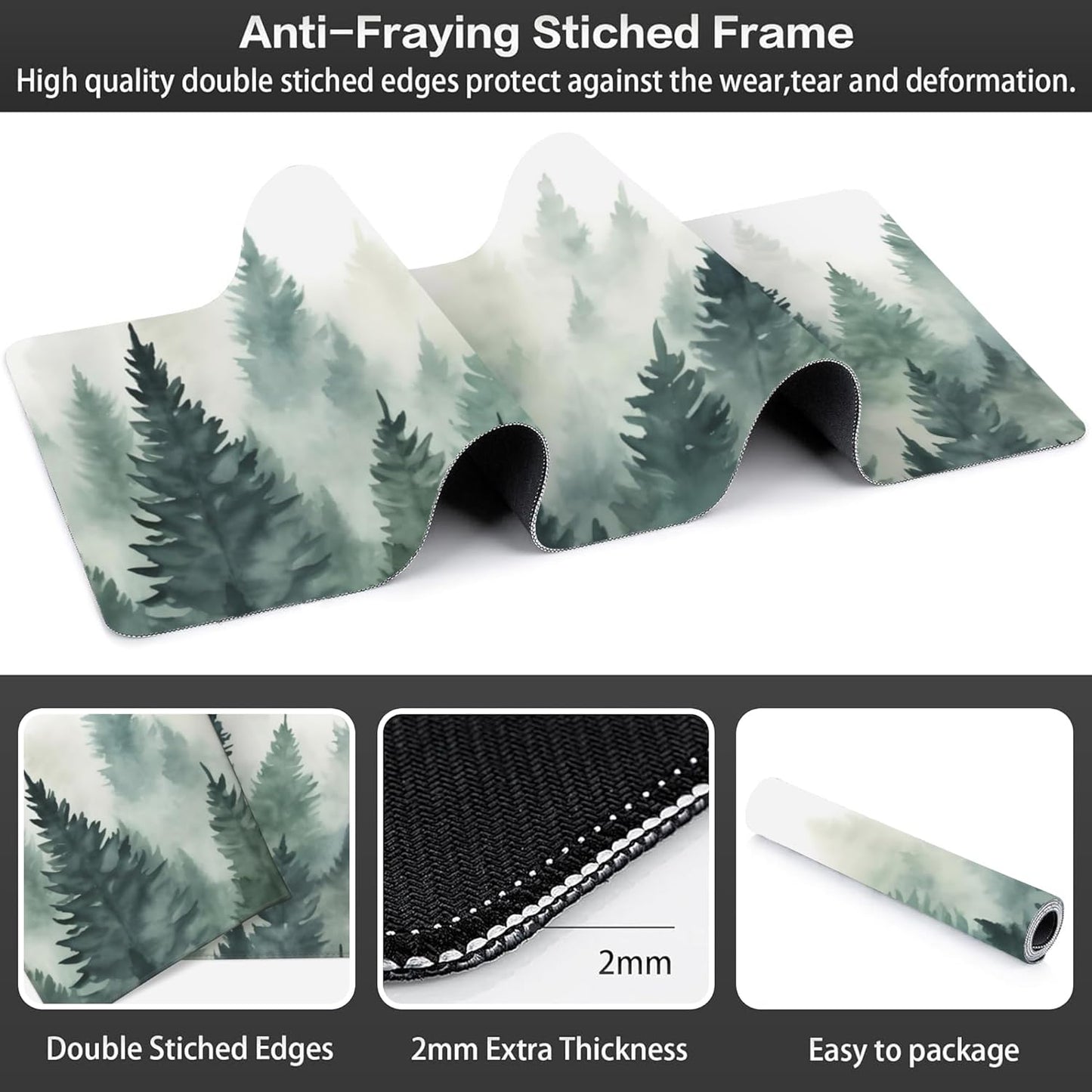 Extended Large Gaming Mouse Pad, Misty Forest Large Desk Mat for Desktop XXL, Non-Slip Rubber Base Stitched Edges Long Computer Keyboard Desk Pad Mouse Mat for Gaming Home Office 35.4"X15.7"