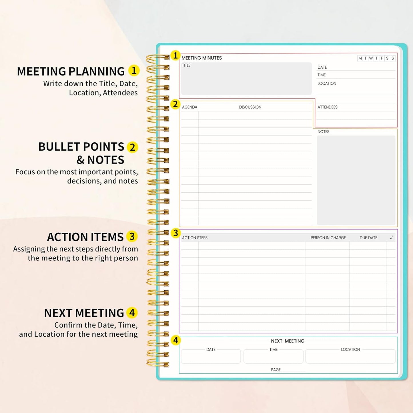 SUNEE Meeting Notebook for Work with Action Items - 160 Pages, A4 Size Project Planner, Spiral Meeting Agenda/Minutes Notebook Organizer for Women Men, Note Taking, Office & Business, 8.5"x11", Teal