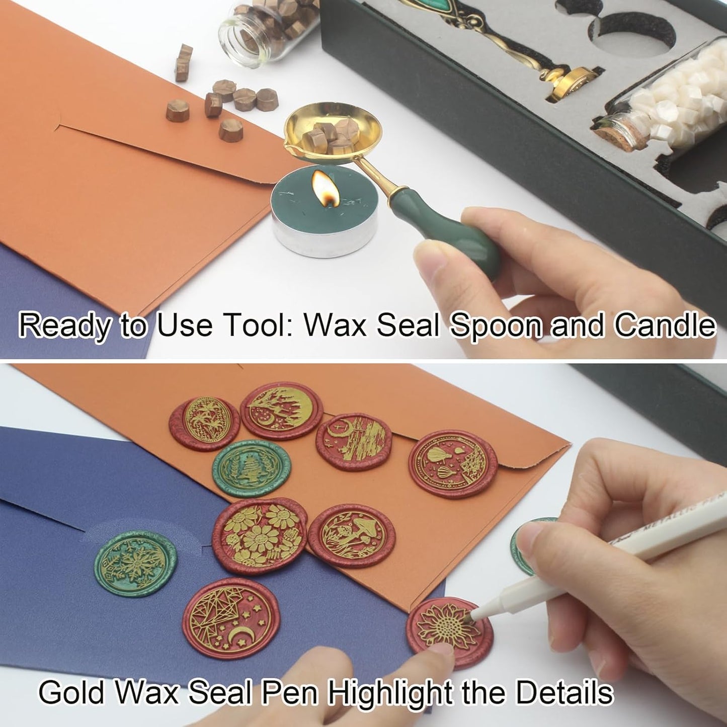 Letter Wax Seal Stamp Kit, Andotopee Wax Seal Kit Initial Alphabet M Sealing Wax Stamp Head 3pcs, Vintage Wax Stamp Seal Kit with Wax Seal Beads, Wax Seal Warmer Tools, Wax Seal Pen, Gift Box Set