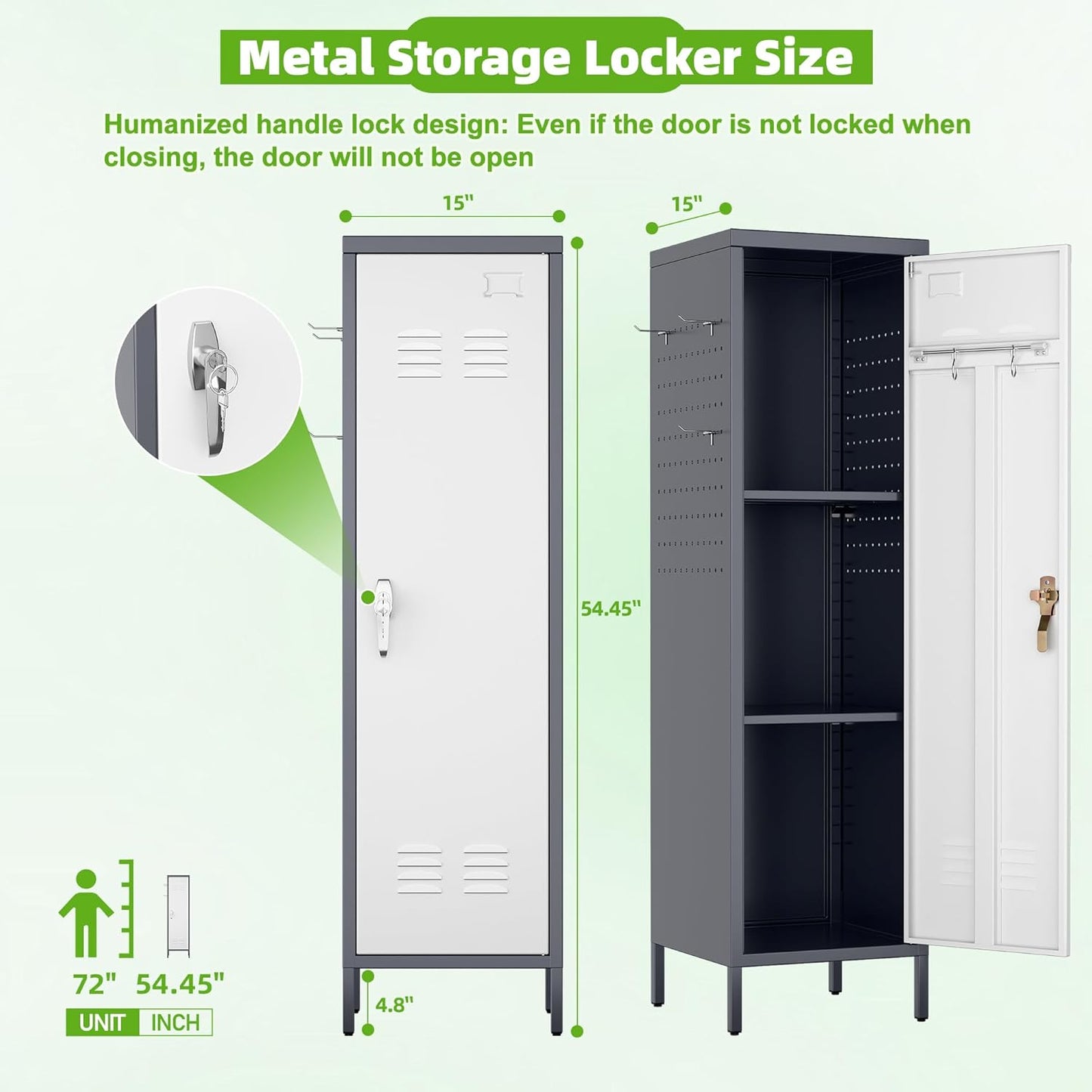 Aobabo Metal 54" H Metal Storage Locker for Employees, Lockable 1 Door with Towel Rack and 2 Side Pegboards with Hooks for Home School Office Gym, Assembly Required (Gray White)