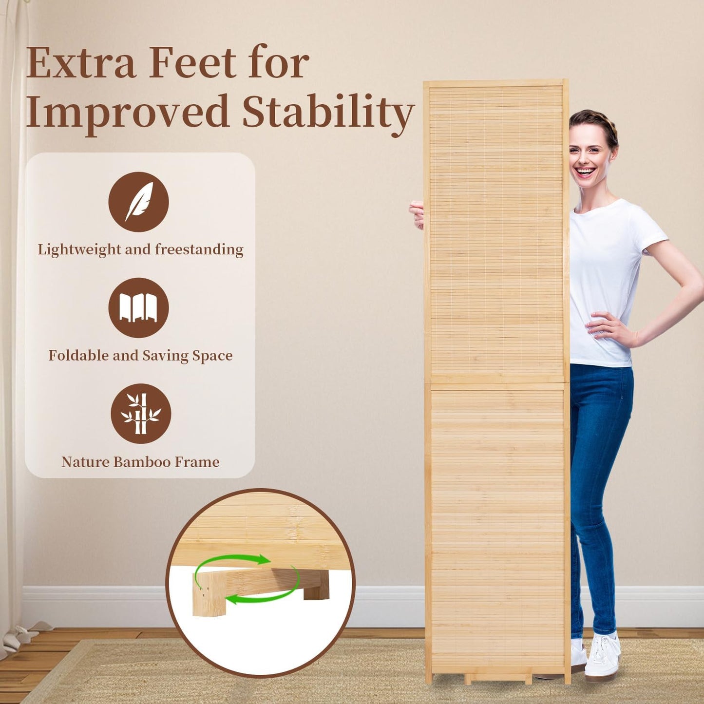 Bamboo Room Divider 8 Panel Wall Divider, 142'' W x 67'' H Folding Design with Extra Stable Base, 100% Bamboo Room Divider Screen for Room Separation, Chinese Room Partitions and Dividers Freestanding