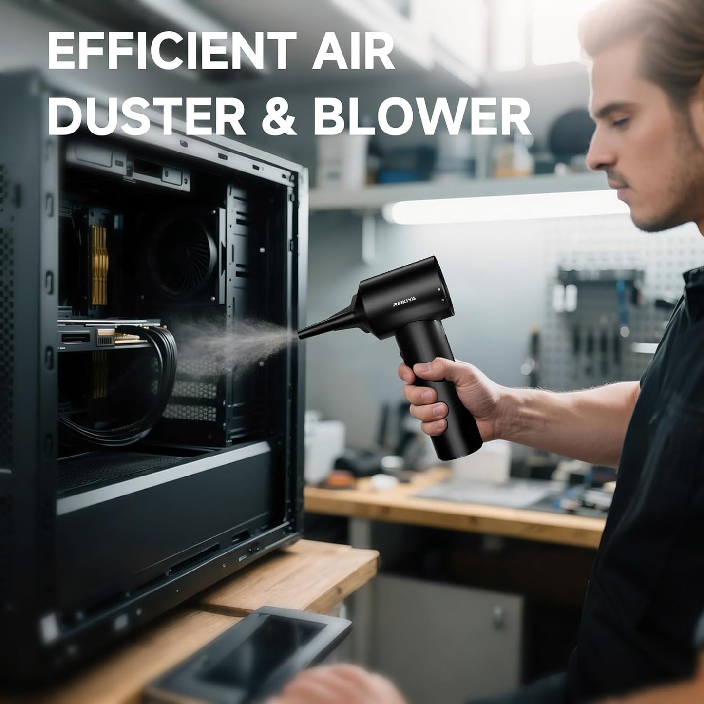 REIKIYA Portable Air Duster 150000RPM Super Power, 18000Pa Cordless Vacuum Cleaner Rechargeable Handheld Pump with LED Light, Adjustable Dust Blower for Computer Keyboard Car House Outdoor