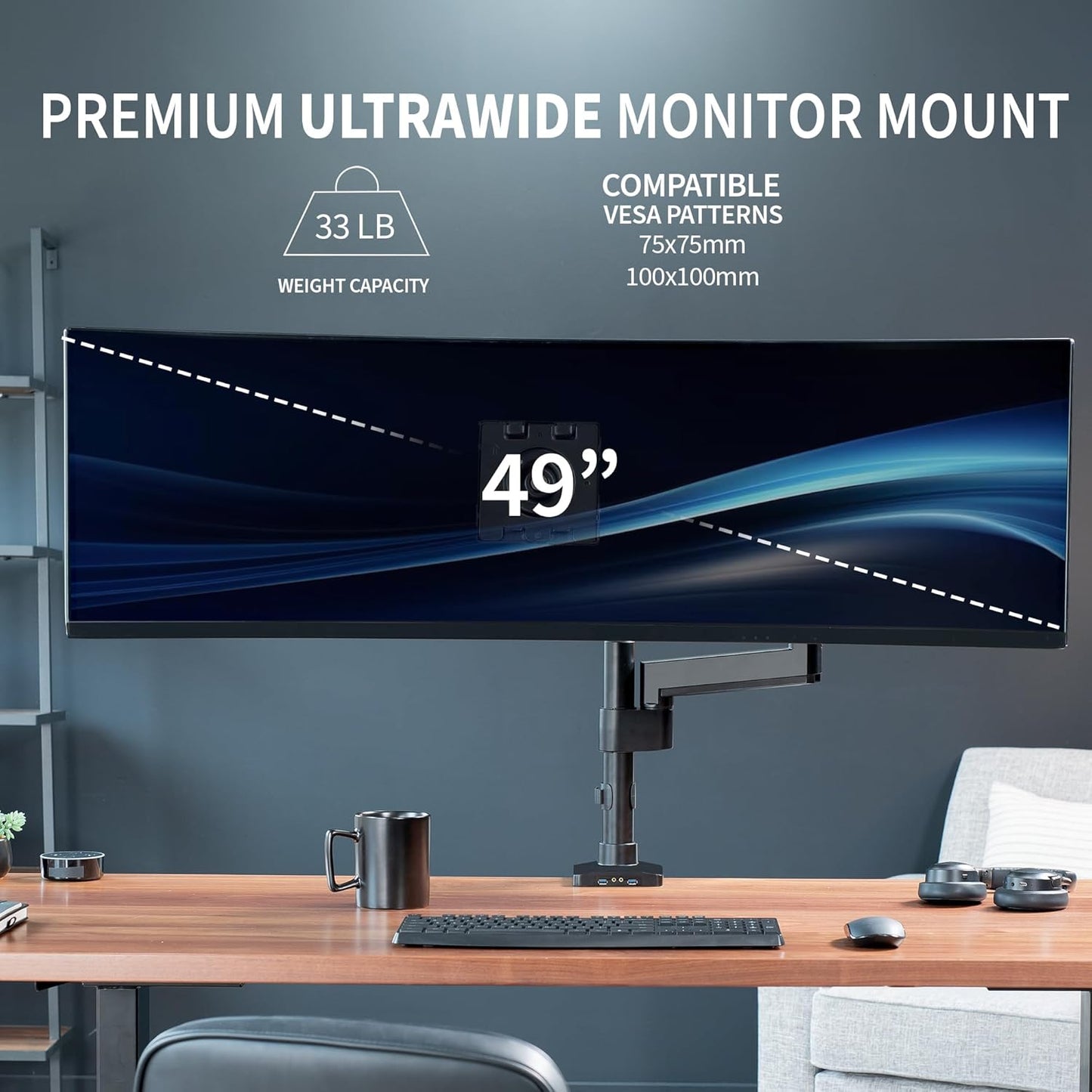 VIVO Premium Aluminum Tall Extended Monitor Arm for Ultrawide Monitors up to 49 inches and 33 lbs, USB Single Desk Mount Stand, Pneumatic Height Adjust, Max VESA 100x100, Black, STAND-V101GTU