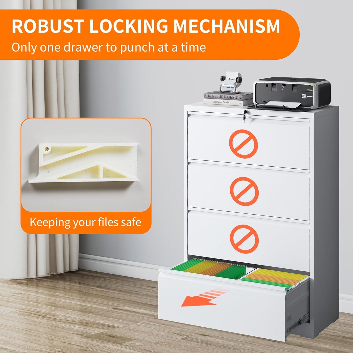 Locking Filing Cabinet with 4 Drawer Heavy Duty Large Metal Cabinet Home Office White Lateral File Cabinets Wide Steel Cabinets for Legal/Letter Size File,Assembly Required