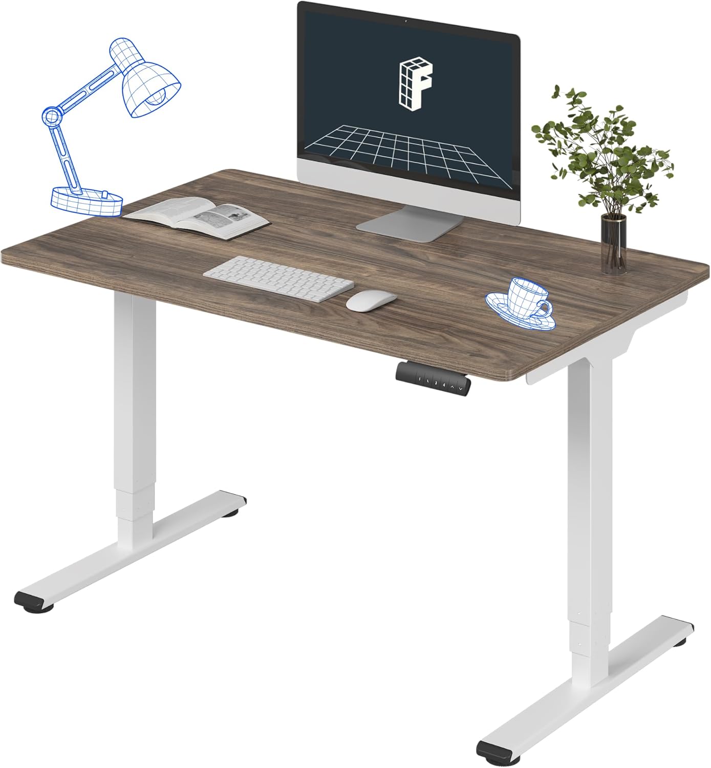 FLEXISPOT E6 Essential 3 Stages Dual Motor Electric Standing Desk 48x30 Inch Whole-Piece Board Height Adjustable Electric Sit Stand Desk（White Frame + Brown Wood Grain Desktop, 2 Packages）