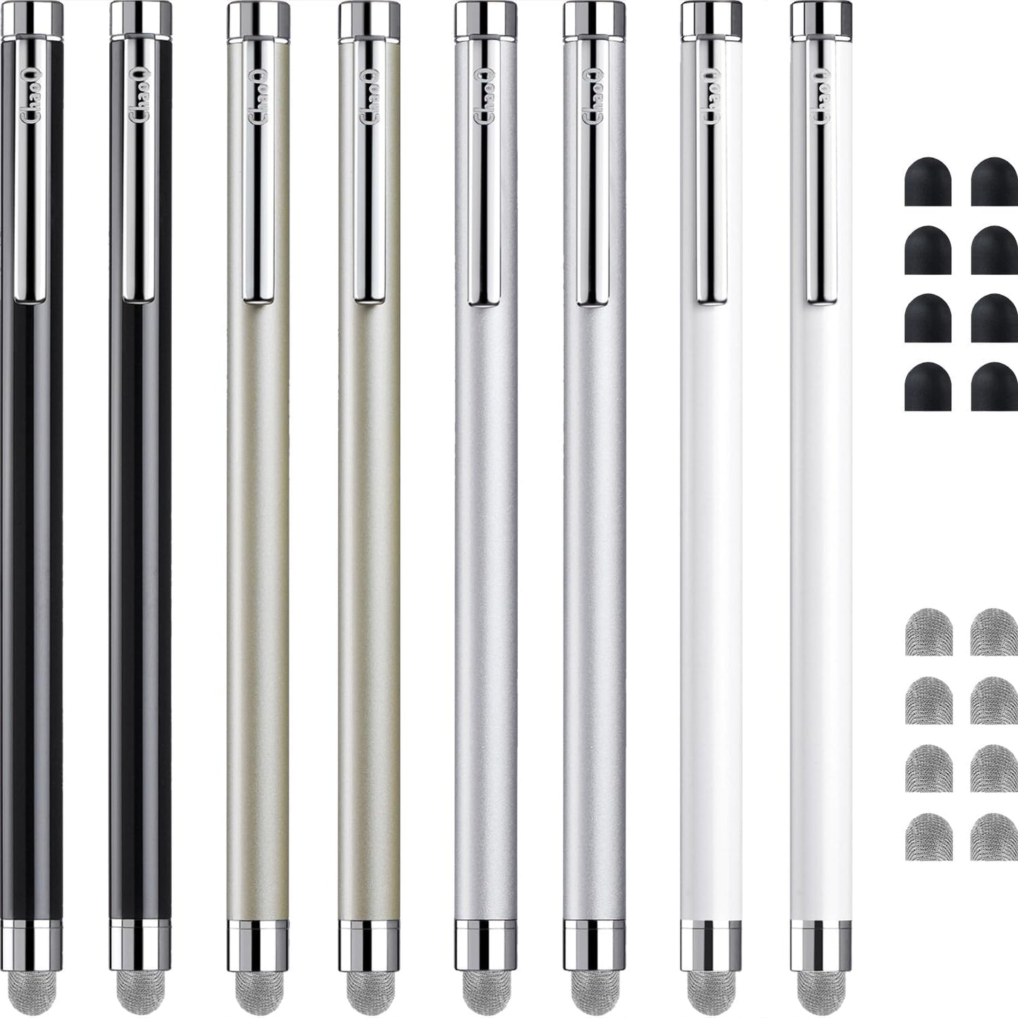 ChaoQ Stylus Pens for Touch Screens, 8 Pcs Mesh Fiber Capacitive Stylus with 8 Replaceable Mesh Tips and 8 Replaceable Rubber Tips (Silver, Black, White, Champagne)