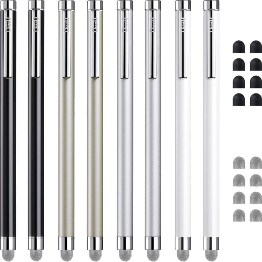 ChaoQ Stylus Pens for Touch Screens, 8 Pcs Mesh Fiber Capacitive Stylus with 8 Replaceable Mesh Tips and 8 Replaceable Rubber Tips (Silver, Black, White, Champagne)