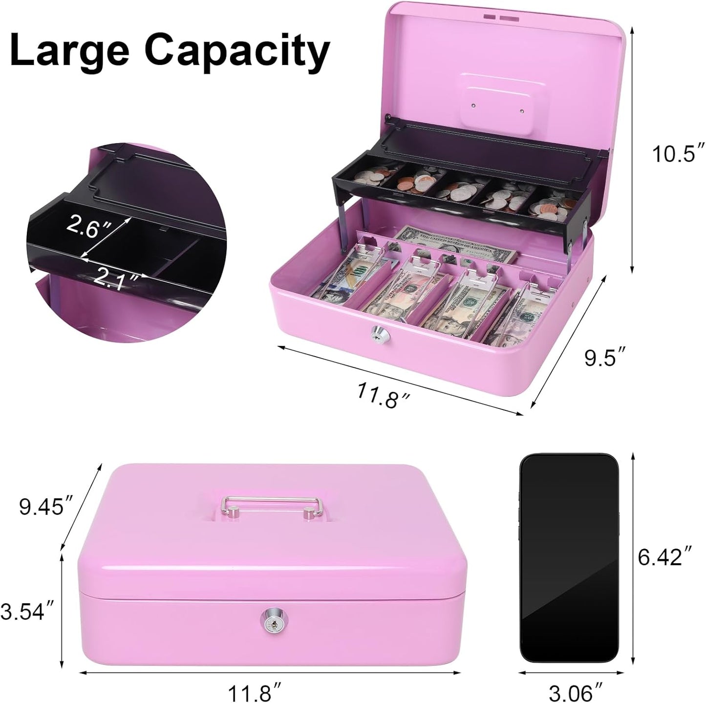 Jssmst Locking Metal Cash Box with Coin Lid, 11.8L x 9.5W x 3.5H Inches, Safe Money Box with Key Lock, Light Purple, SM-CB0517LP