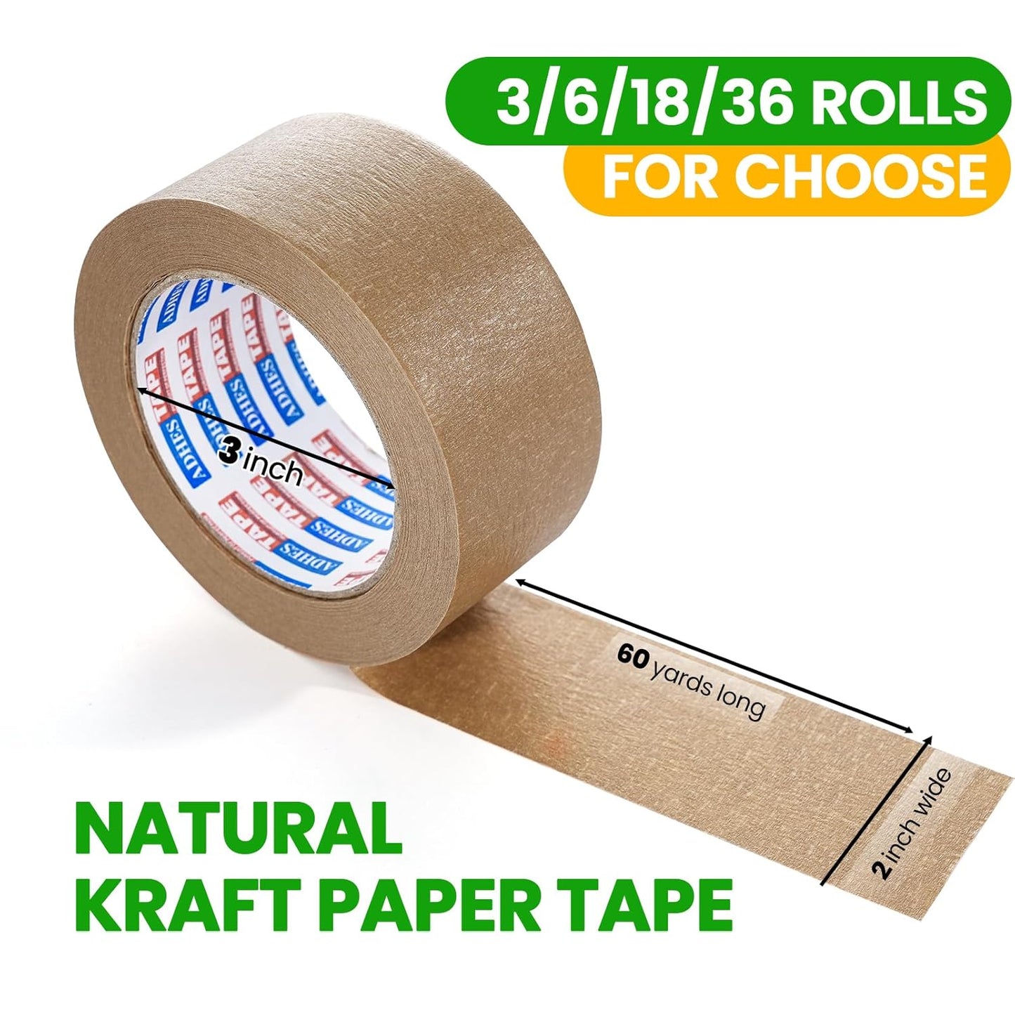 ADHES Kraft Paper Tape, 2 Inch x 60 Yards x 6 Rolls, Biodegradable Paper Packing Tape Writable & Uncoated Brown Shipping Tape for Shipping, Moving, Sealing