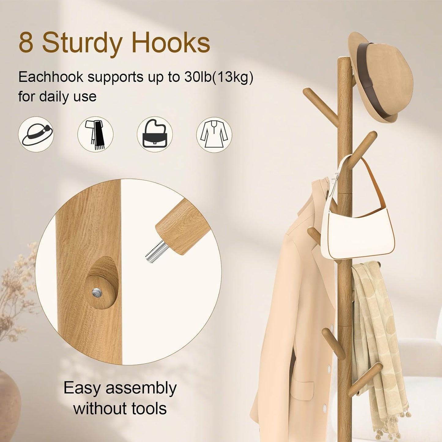Coat Rack Freestanding with Stable Square Base for Cloathes, Hat, Used in Bedroom, Office and Entryway, Sturdy and Easy Assembly Coat Tree with 3 Adjustable Sizes and 8 Hooks, Natural