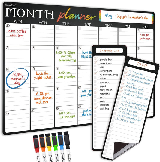 Magnetic Dry Erase Monthly Calendar - 17"x12" Monthly Calendar for Fridge - 4"x12" List Board 2 Pcs - 6 Extra Fine Point Markers Included - Shipped Flat