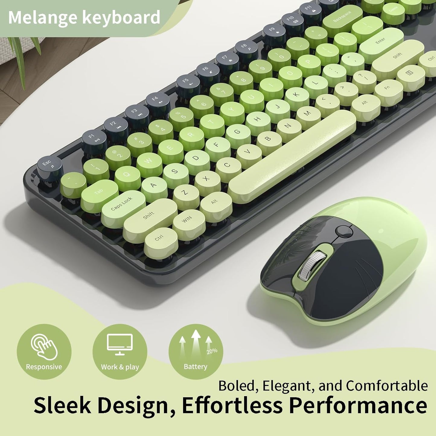 Wireless Keyboard and Mouse, MOFII 104 Round Keycaps Retro Typewriter with OTG & Brush, Full-Size Ergonomic, Ideal for Windows PC, Home, Office and College Gray Green