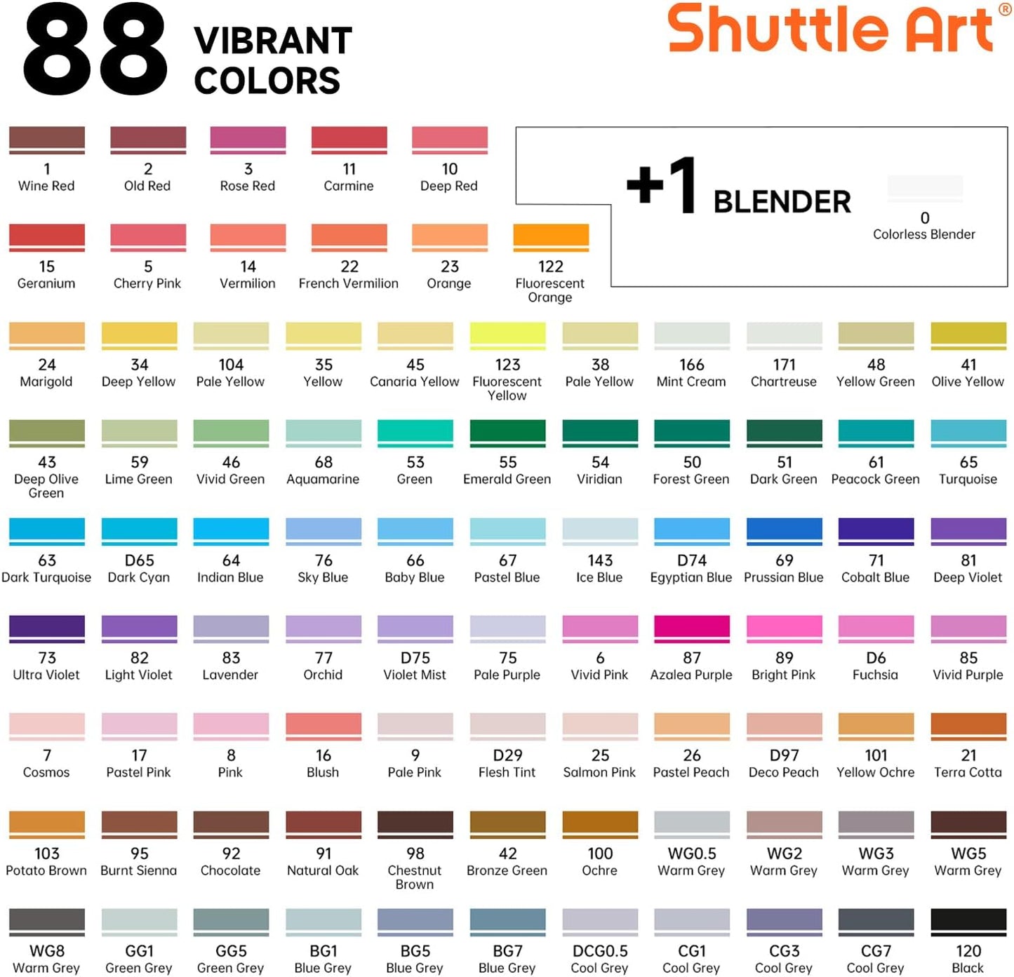 Shuttle Art 89 Colors Alcohol Markers, 88 Colors Dual Tip Art Marker Set Plus 1 Colorless Blender with Marker Case Perfect for Illustration Students Adult Coloring Sketching