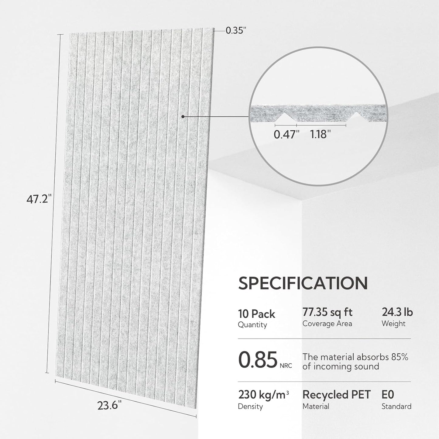 Olanglab Acoustic Wall Panels 10 Pack, 48 x 24 per Acoustic Panels Sound Absorbing, Decorative Sound Panels for Home Studio and Office, Silver Gray