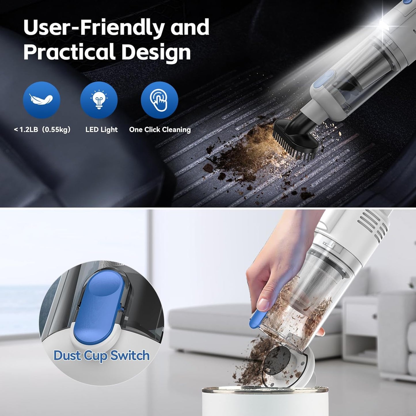 Handheld Car Vacuum Cleaner Cordless: 9500PA Powerful Suction Portable Lightweight Hand Held Vacuum - Large Capacity Battery Last Long Wireless Mini Vacuum With LED Light For Home Office Cleaning