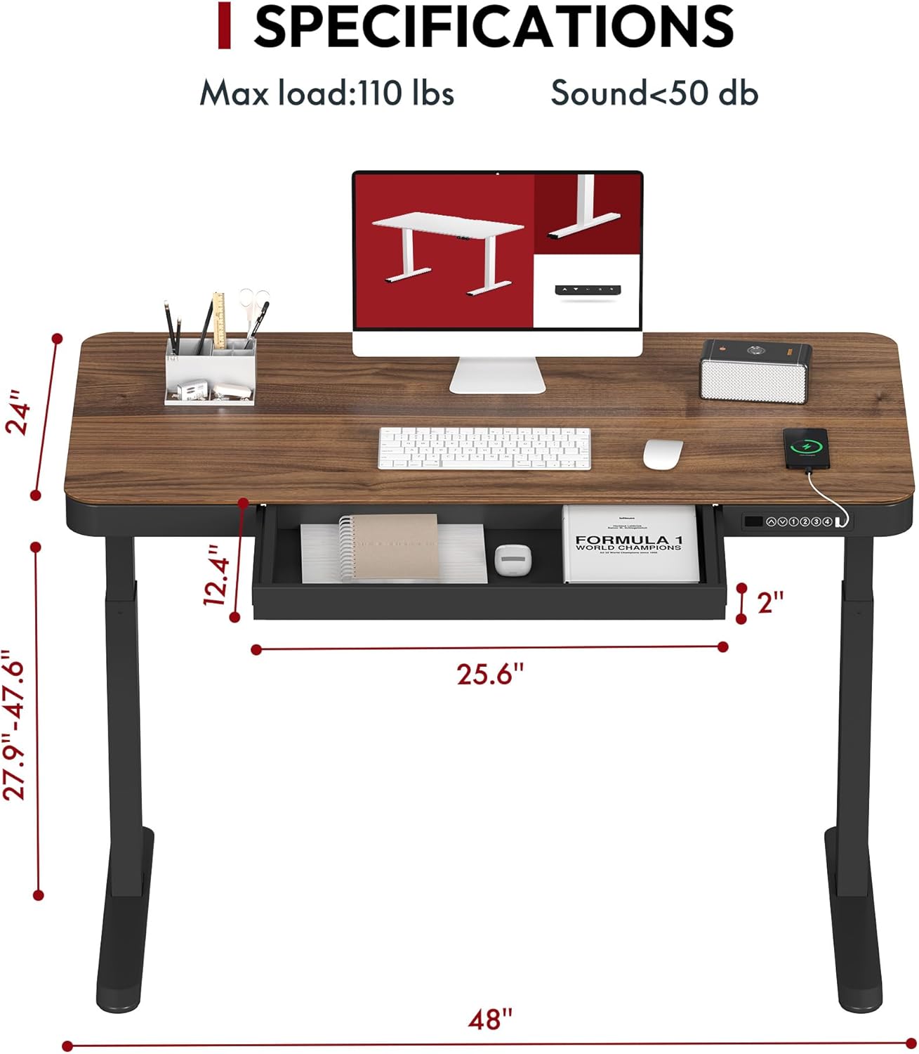 Standing Desk with Drawer, Electric Height Adjustable Home Office Desk with Storage & USB Ports, 48 inch Black Walnut Wood Tabletop/Black Frame