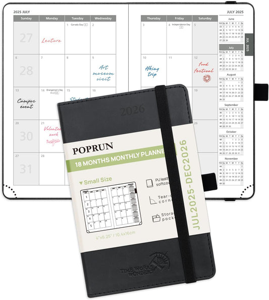 POPRUN Pocket Monthly Planner 2025-2026 (Pocket- 4''x 6.25''Soft Leather Cover) - 18 Month Calendar Book for Purse (Jul.2025-Dec.2026), 100 GSM Thick Paper - Black