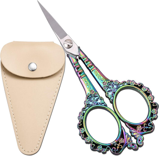 Embroidery Scissors, 4.5in Small Sharp Pointed Tip Vintage Detail Shears with Sheath for Craft, Sewing, Thread Cutting, Artwork, Needlework Rainbow
