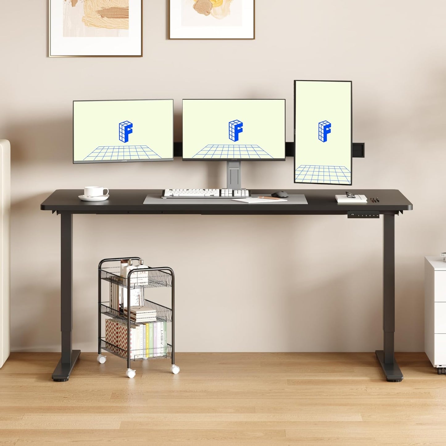 FLEXISPOT E3 Dual Motor Electric Standing Desk 60x24 Inch Whole-Piece Board Height Adjustable Electric Sit Stand Desk (Black Frame + Black Desktop, 2 Packages)