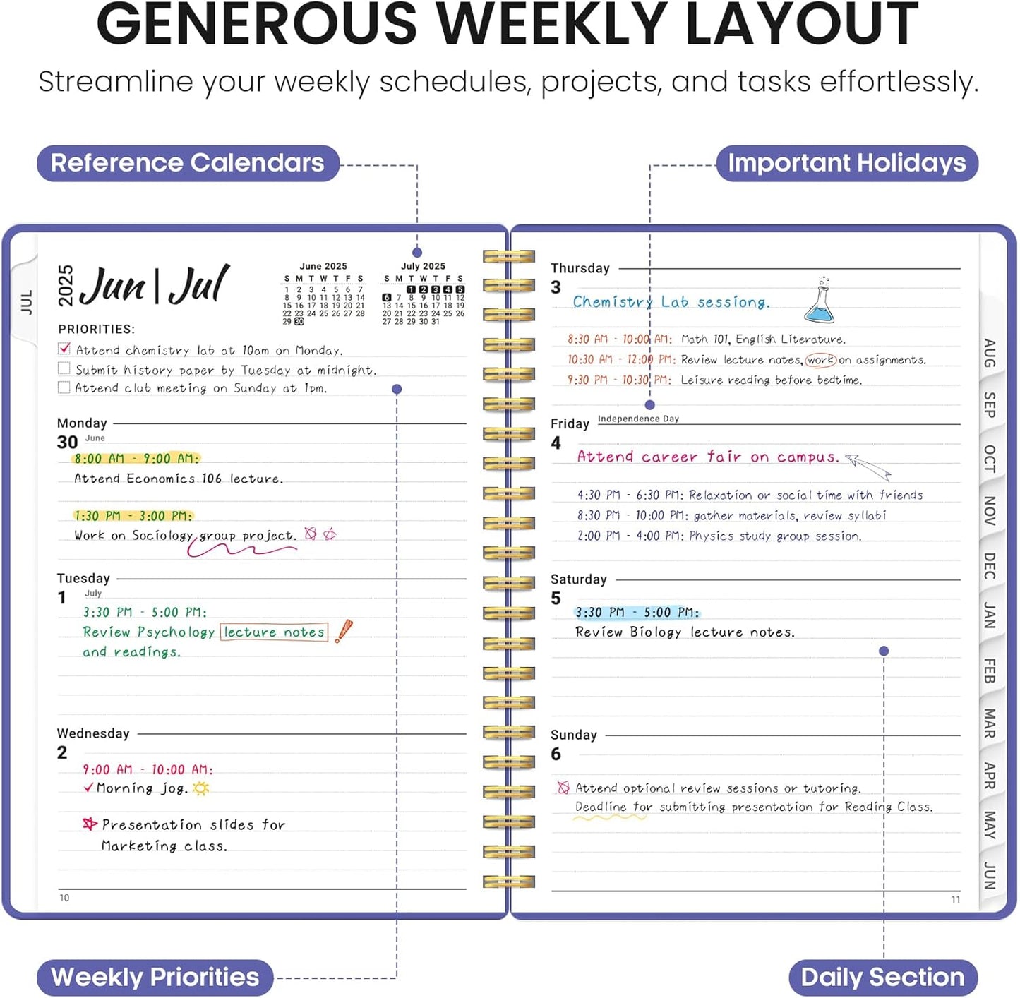 Planner 2025-2026, Academic Year Weekly and Monthly Calendar Planner, July 2025 - June 2026, Spiral Bound School Planning Tool, Perfect for Teacher, Student, Woman & Men - A5 (6.3" x 8.5"), Violet