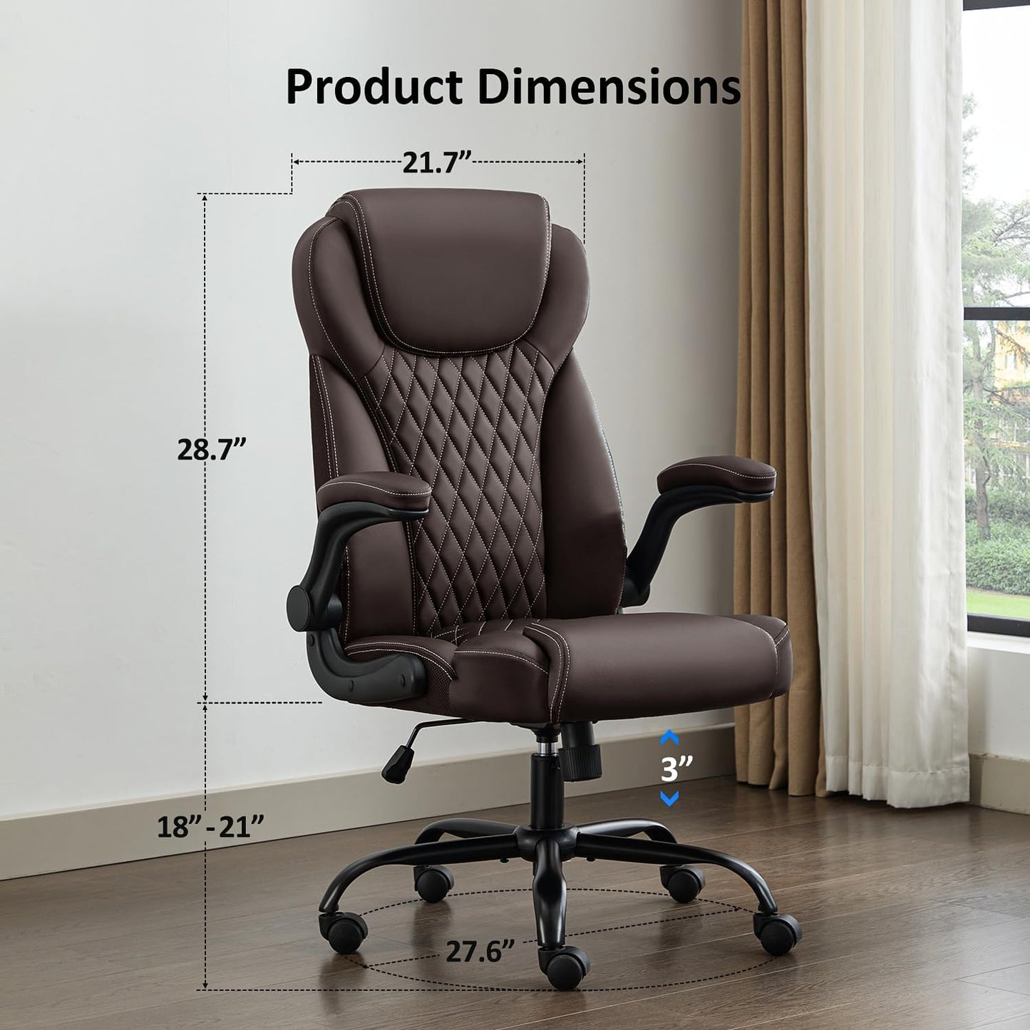 Office Chair, Executive Leather Chair Home Office Desk Chairs, Ergonomic Computer Desk Chair with Adjustable Flip-Up Arms, Lumbar Support Swivel Task Chair with Rocking Function (Brown)