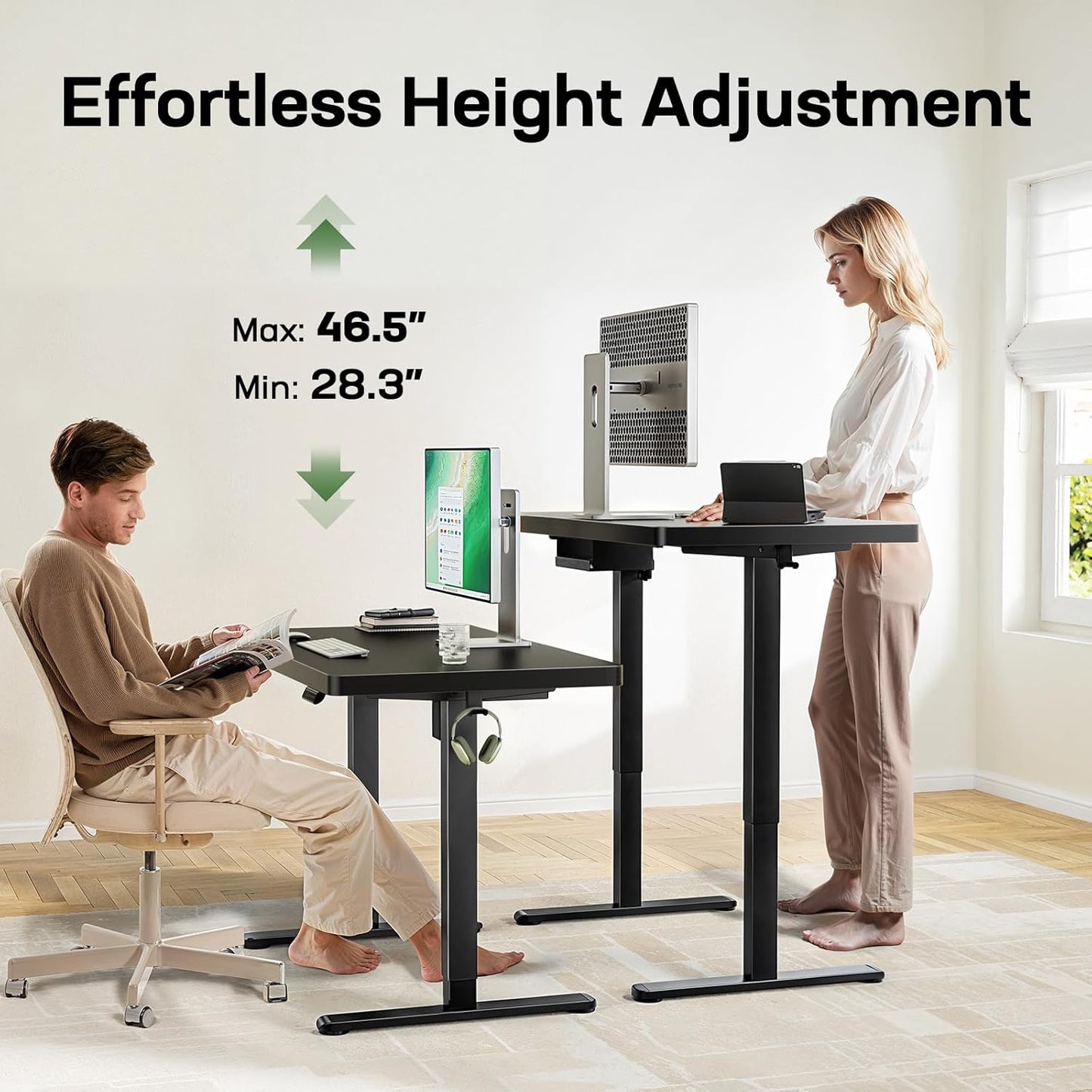 Marsail 63 x 30 Electric Standing Desk with One-Piece Desktop, Sit Stand Desk with Thickened Tabletop, Height Adjustable Stand Up Desk with Cable Management for Home Office(Frame+Desktop, 2 Packages)