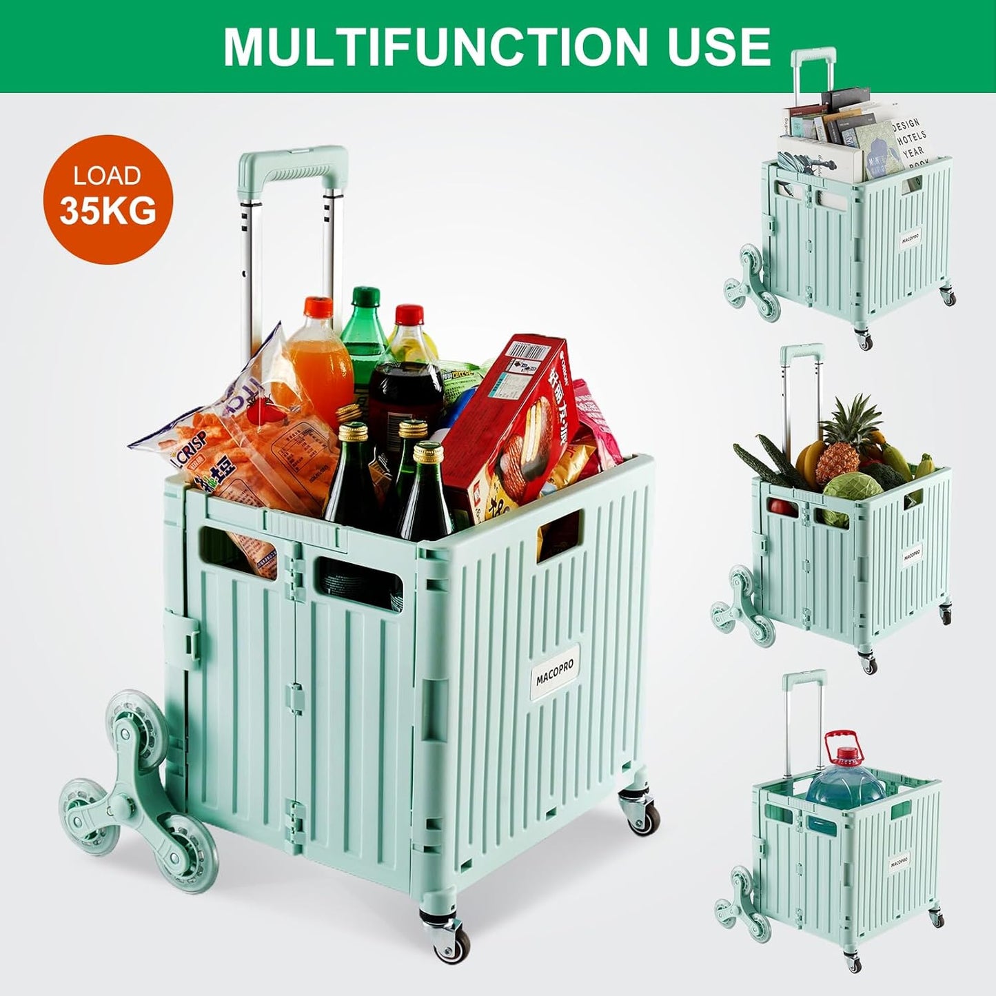 Foldable Utility Cart with Stair Climbing Wheels, Collapsible Rolling Crate with Telescoping Handle, Shopping Trolle Handcart Grocery Book File Tool Art Supplies Teacher Storage Basket(Green)