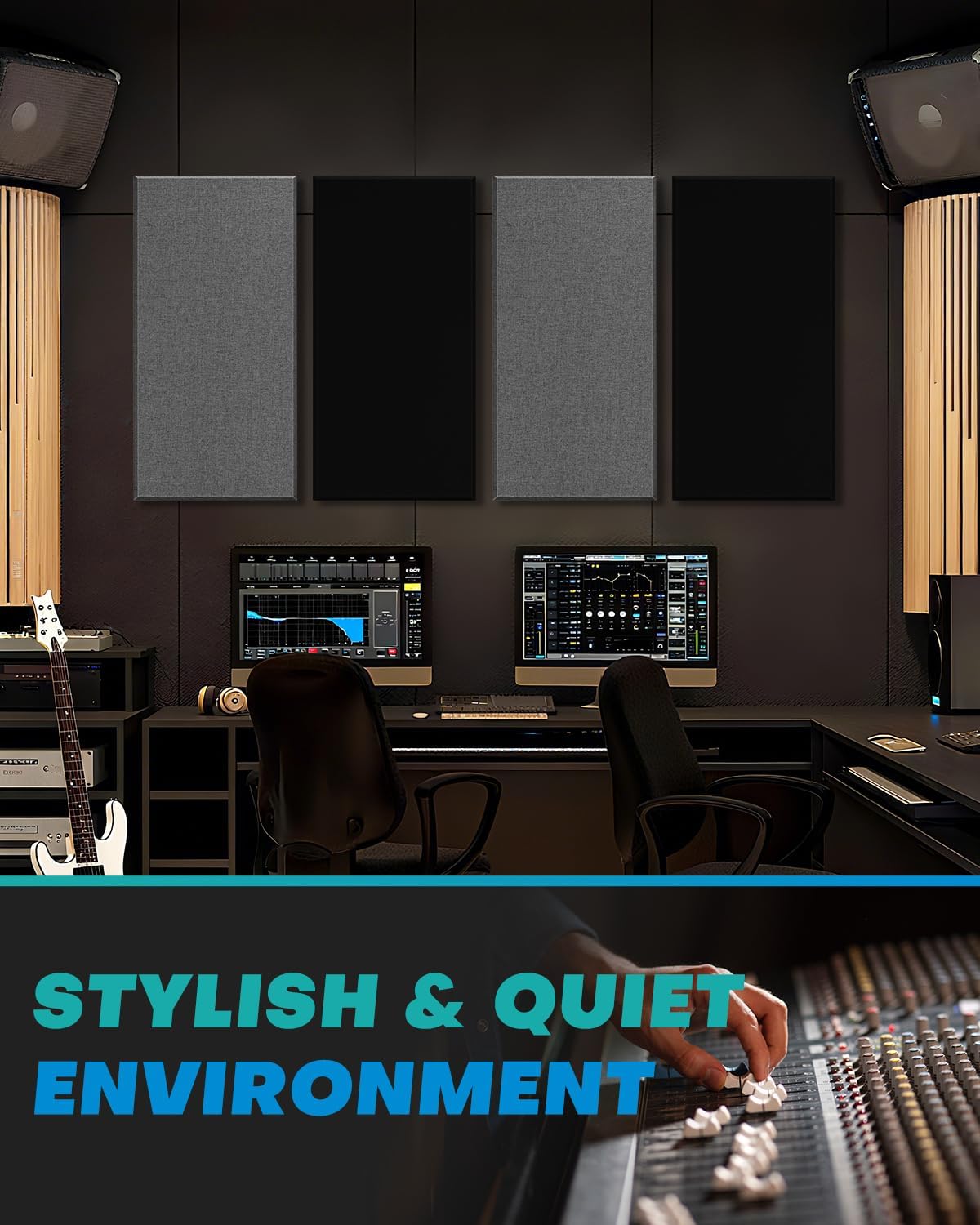 4Pack Fiberglass Acoustic Panels, Self Adhesive Sound Proof Foam Panels for Walls, Sound Dampening Panels for Studios, Office, Home Soundproofing Absorbing Noise Reducing, 23.6x11.8x2.5" Black Grey