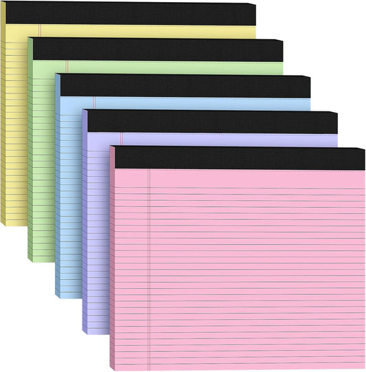 5 Pack Wide Legal Pads 11" x 9.5" Landscape Pink Purple Blue Green Yellow College Ruled Note Pad Narrow Ruled 30 Sheets per Notepad Perforated Writing Paper Thick Backboard Horizontal Pads of Paper