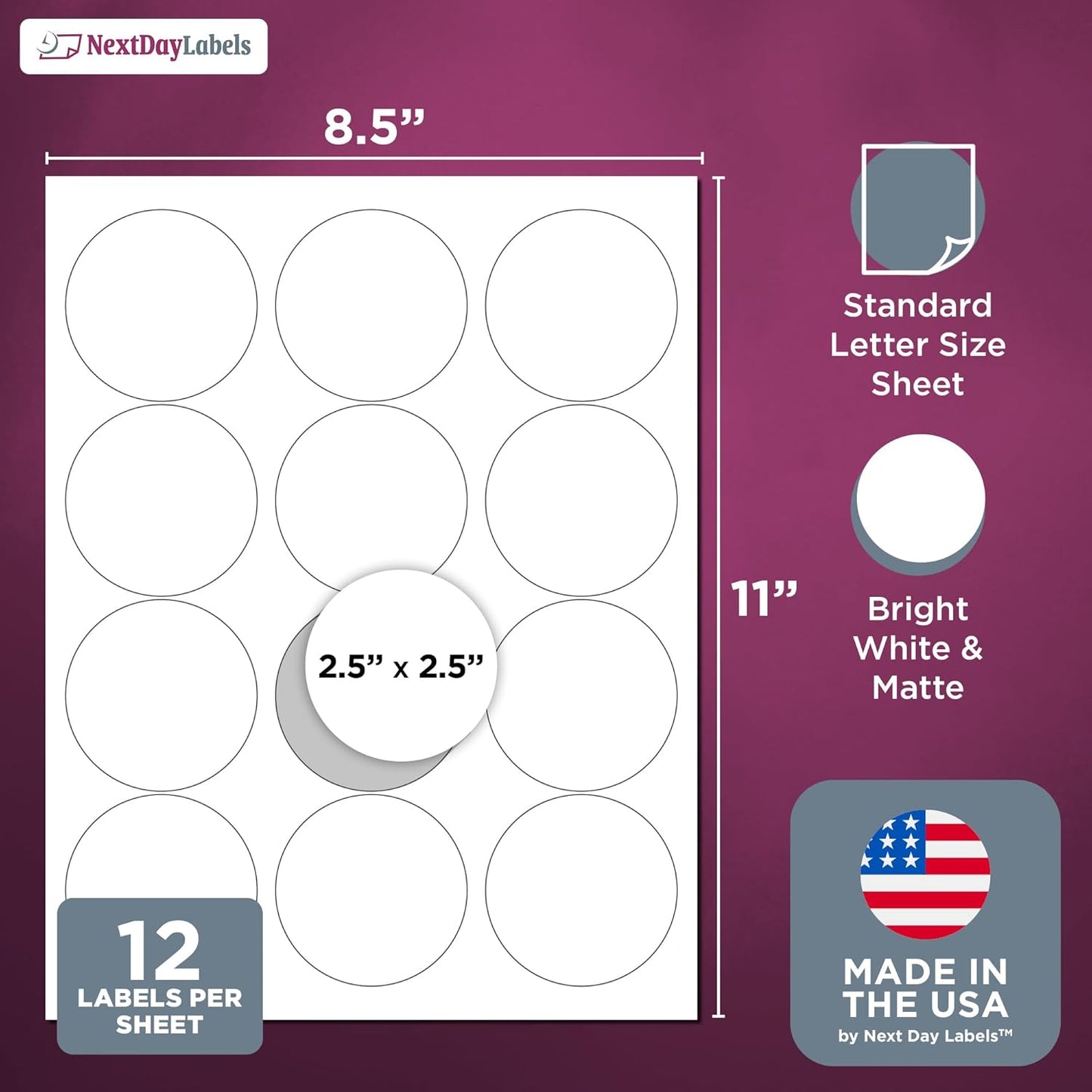 NextDayLabels 2.5 Inch Round Stickers for Printer - Matte White Blank Laser/Inkjet Printer Labels - Circle Stickers (50 Sheets, 720 Labels)