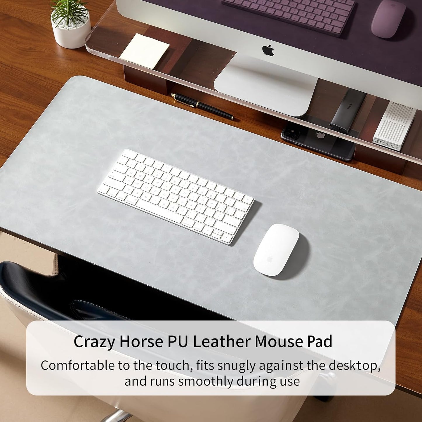 Crazy Horse Leather Desk Mat Large Mouse Pad Laptop Desk Pad Waterproof Non-Slip Table Blotter Desktop Writing Pad for Office and Home (Light Grey, 120x43cm)