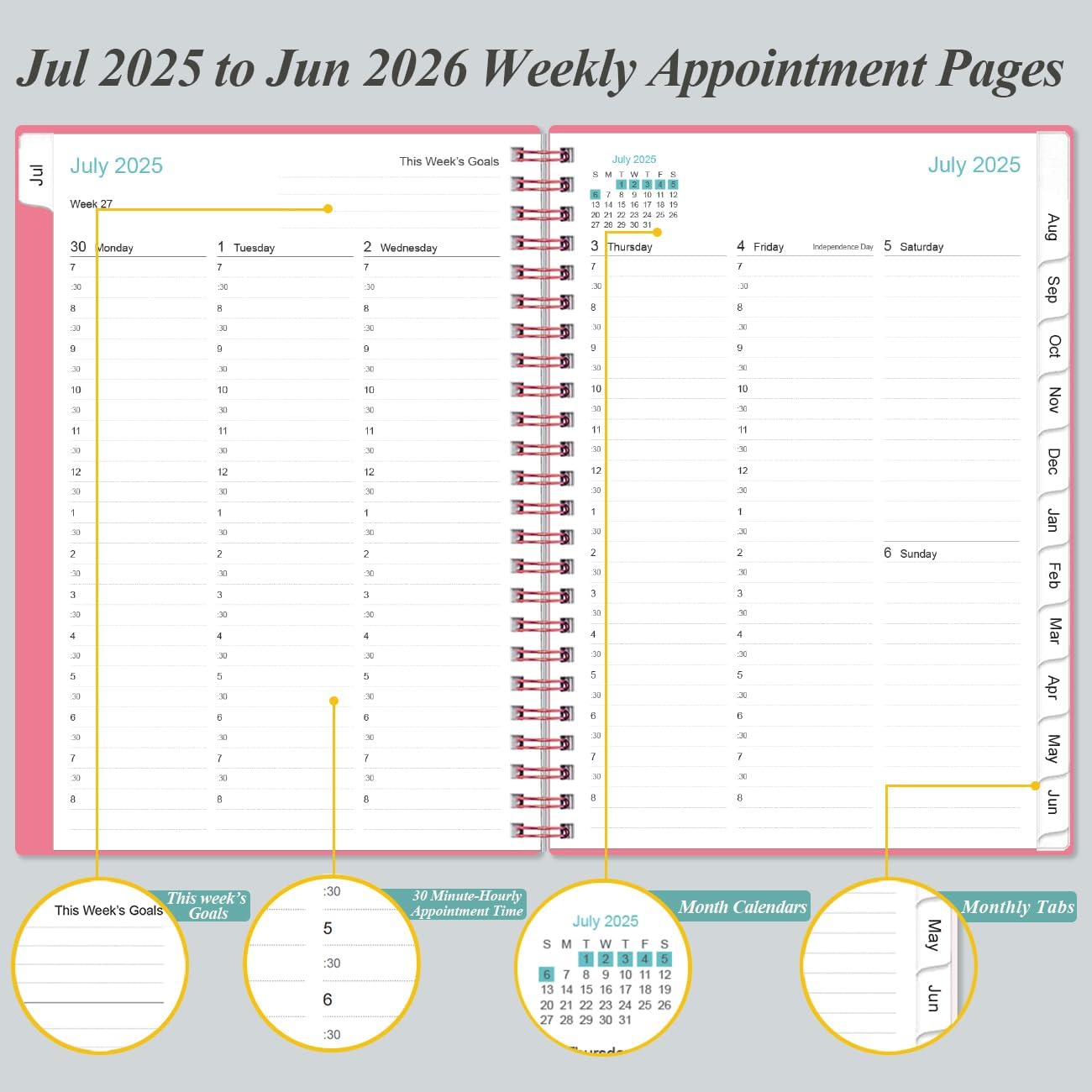 2025-2026 Appointment Book & Planner - Hourly Planner from July 2025 - June 2026, Weekly Appointment Book 2025-2026 with 30-Minute Interval, 6.4" x 8.5", Pink