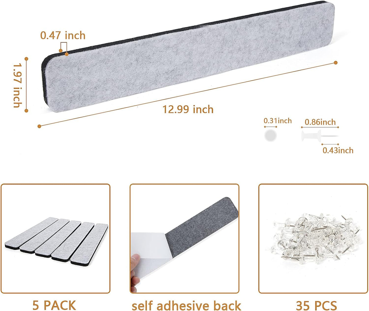 5 Pack Felt Pin Board Bar Strips Bulletin Board for Bedrooms Offices Home Wall Decoration, Notice Board Self Adhesive Cork Board with 35 Push Pins for Paste Notes, Photos, Schedules (Grey)