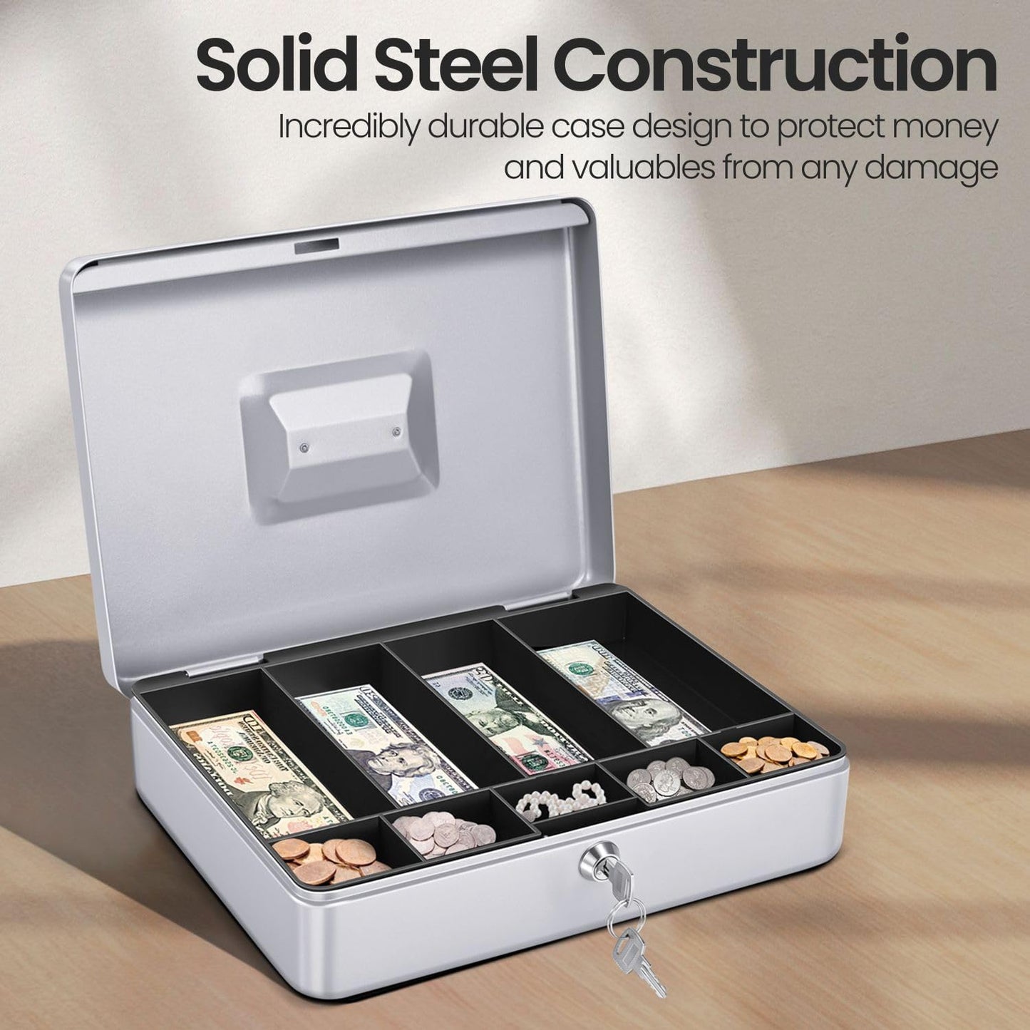 Flexzion Cash Box with Money Tray and Lock - Metal Cash Box for Small Businesses, 9-Compartment Silver Money Box with Removable Tray and Key, Portable Storage for Checks and Coins