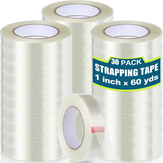 Treela 30 Rolls Filament Strapping Tape 5.5 Mil Transparent Reinforced Fiberglass Heavy Duty Packing Shipping Tape for Sealing Binding Fixing (1 Inch X 60 Yards)