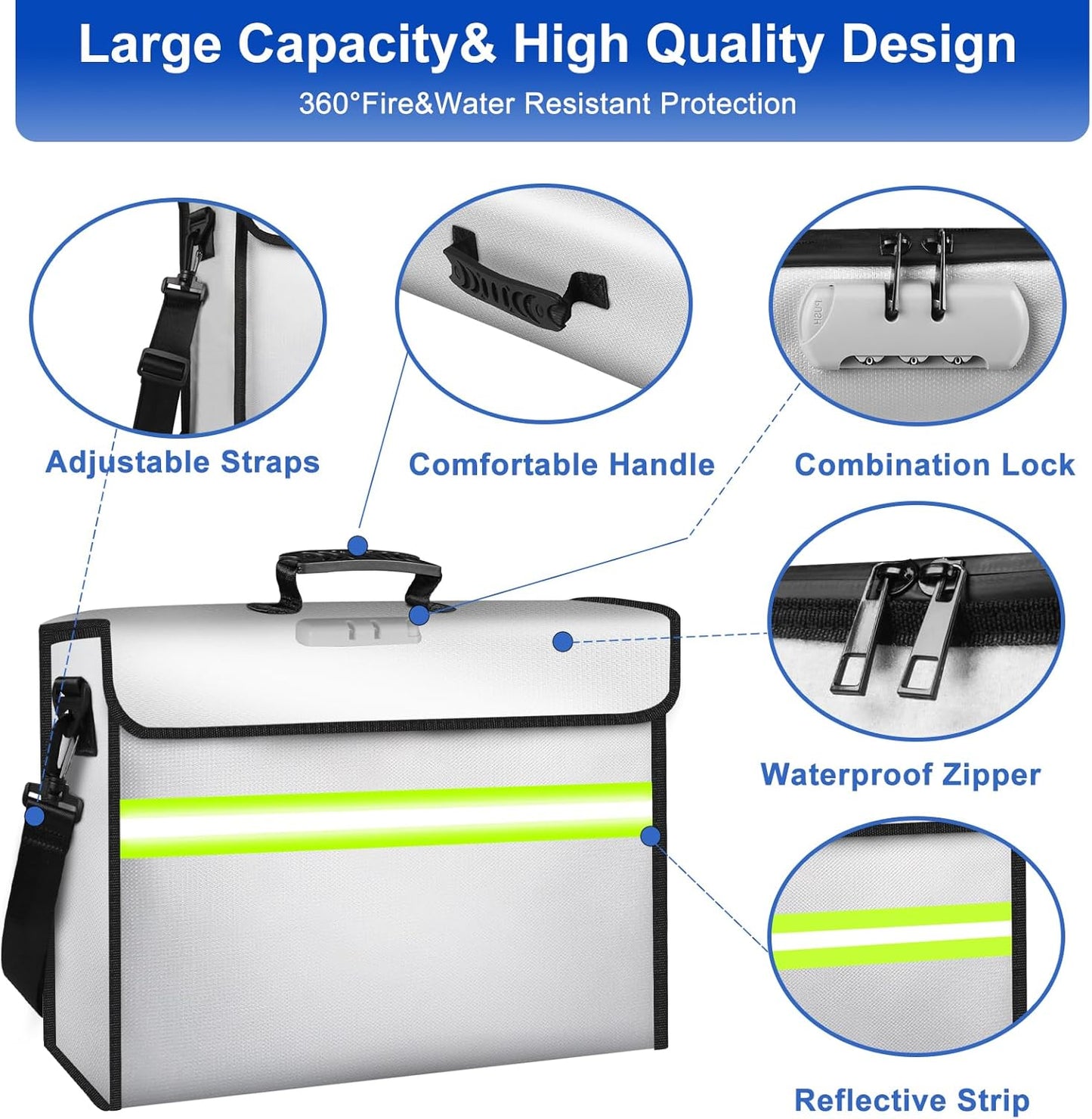 6500°F Large Fireproof Document Organizer with Lock,Upgraded 10 Layers Heat Insulated＆Waterproof Zipper,Removable Folder Layers/Wallet,Portable Home Travel for Documents(16.5x12.4x5.5 inches)